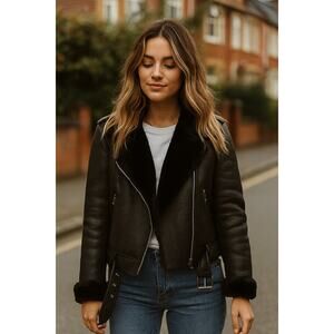 Women’s Faux Suede Biker Jacket Small Black Moto Fur Lined Zip Belted